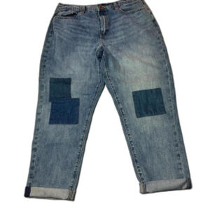 Boyfriend Medium Wash Rolled Jeans with Patchwork Women's 14 / 32R